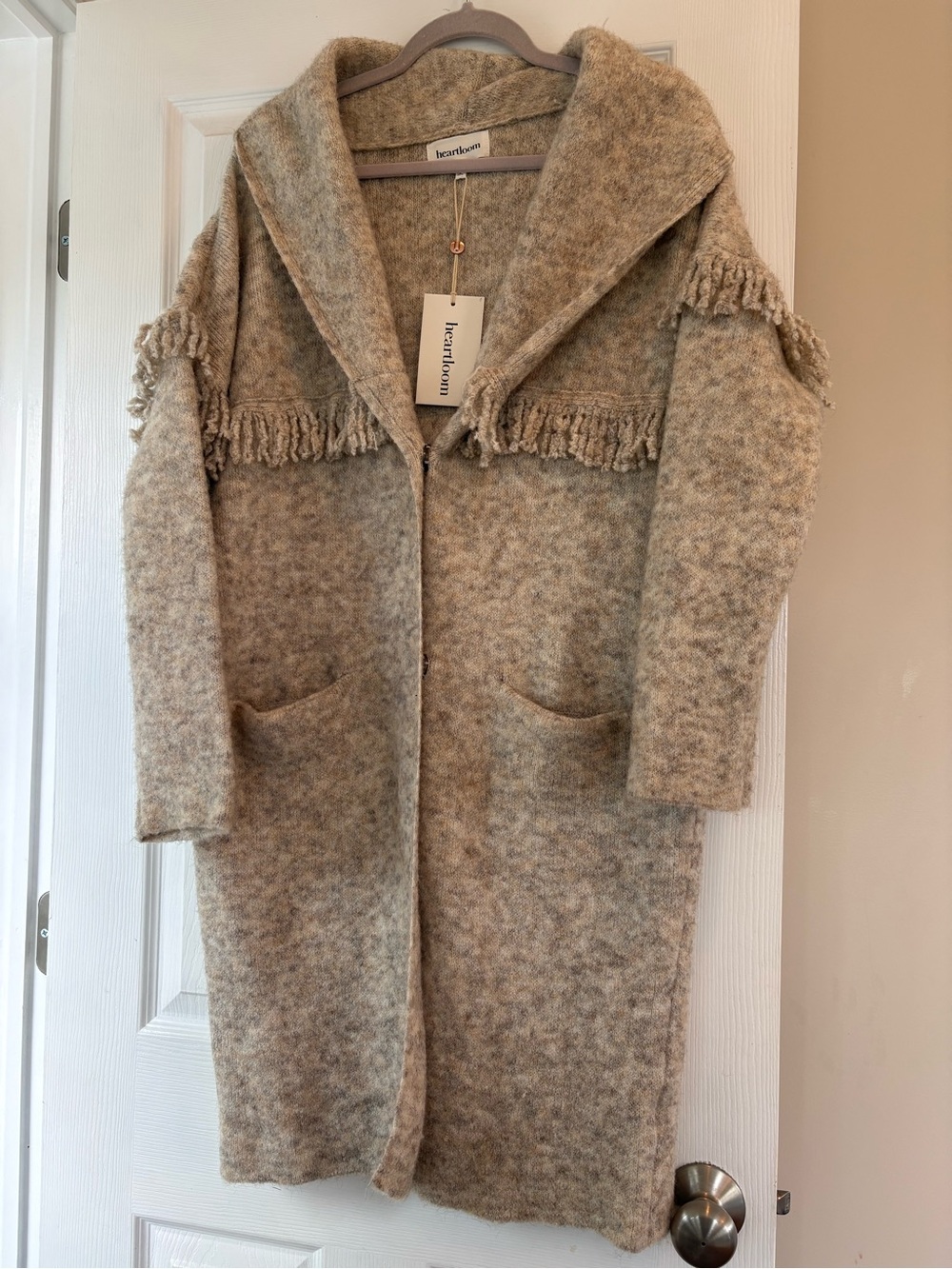 Heartloom Fringe Wool-Blend Long Sweater in Beige-Tan oversized sized small